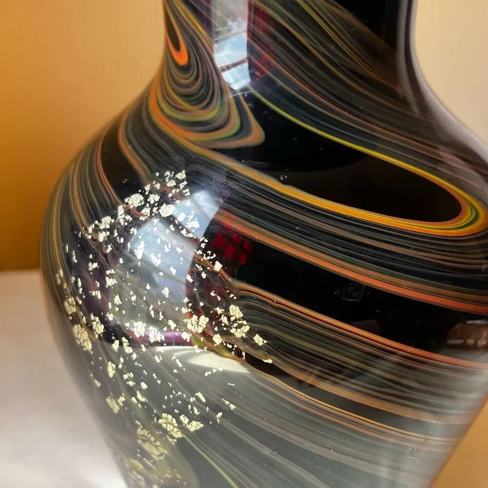 Murano Style Art Glass Vase Hand Blown Black with Gold Foil Mid Century Modern - Picture 9 of 12